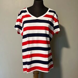 Tommy Hilfiger Women's Red Navy Striped V-Neck Cotton T-Shirt Sz Medium XXL NWT
